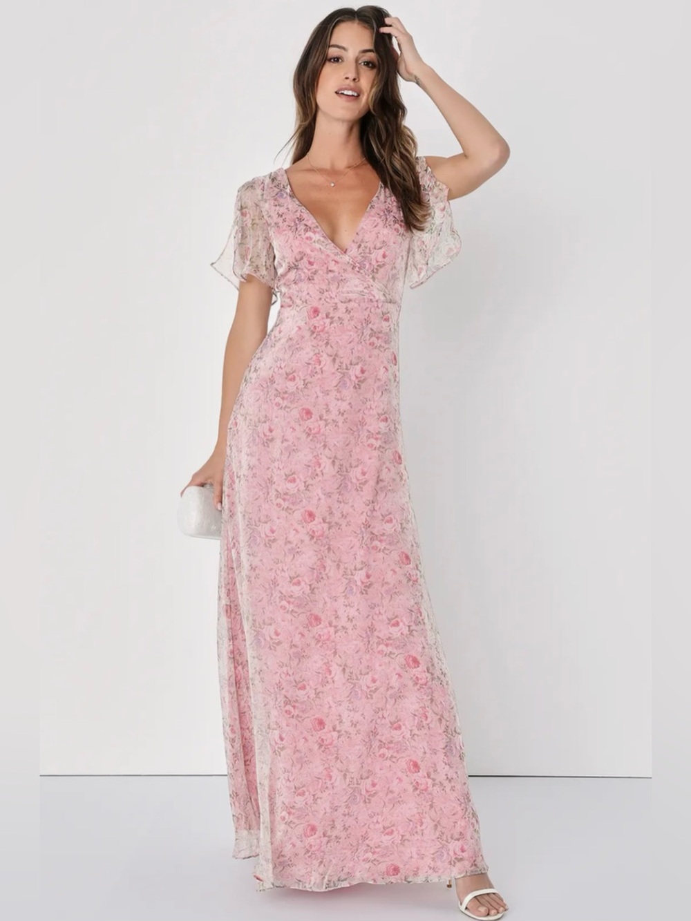 Lulus Dreamiest Desires Pink Floral Flutter Sleeve Organza Maxi Dress- XL NWT